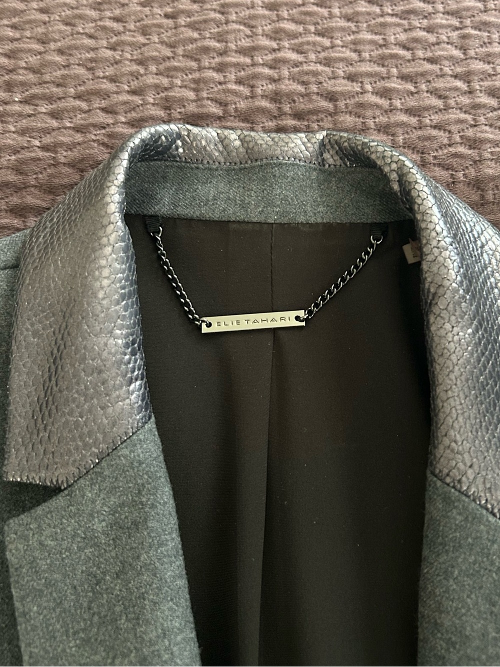 Elie Tahari size 12 gray blazer.  Leather lavender snake pattern collar.